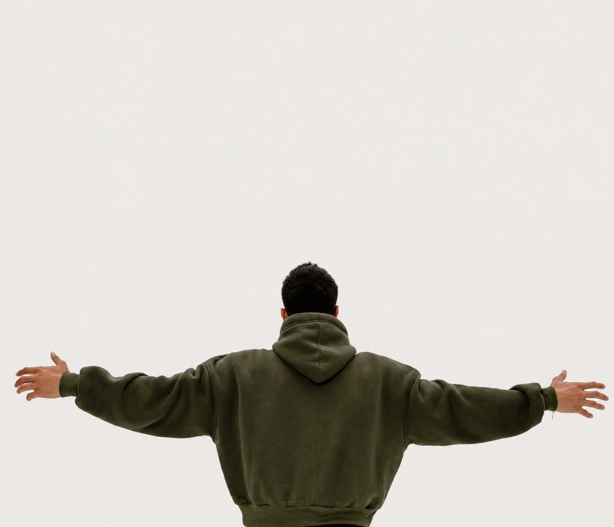 Back view of the olive TABBIATH hoodie, arms extended.